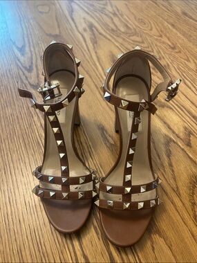 Valentino Garavani Brown Pyramid-Stud T-Strap High Heel Sandals